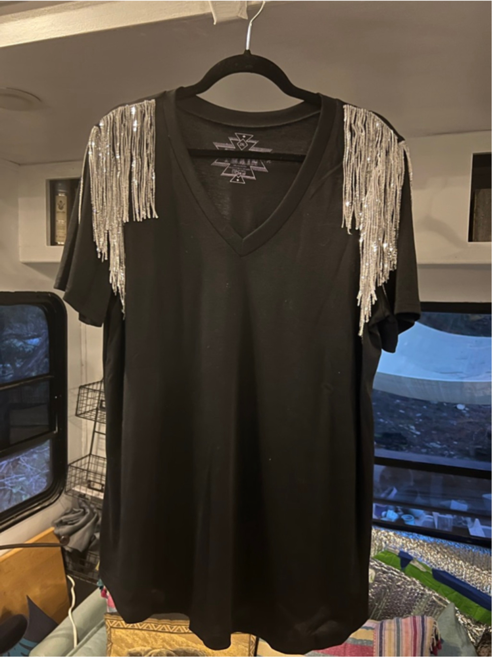 Women's Crazy Train Black Silver Sequin Fringe Short Sleeve Tee 2XL